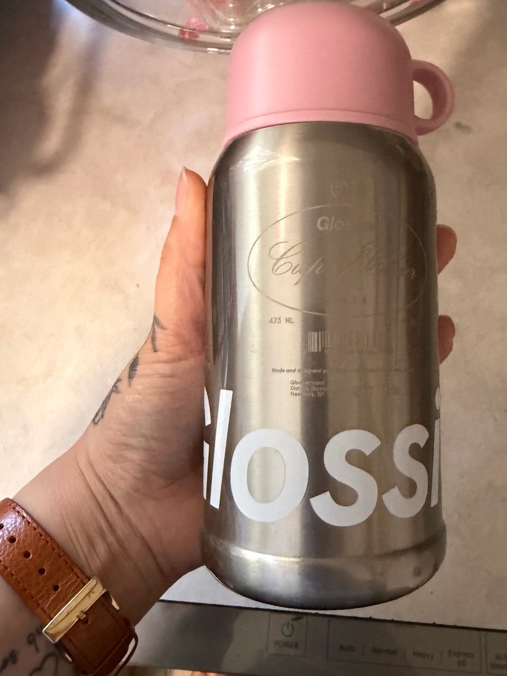 Glossier Stainless Steel Water Bottle with Pink Cap